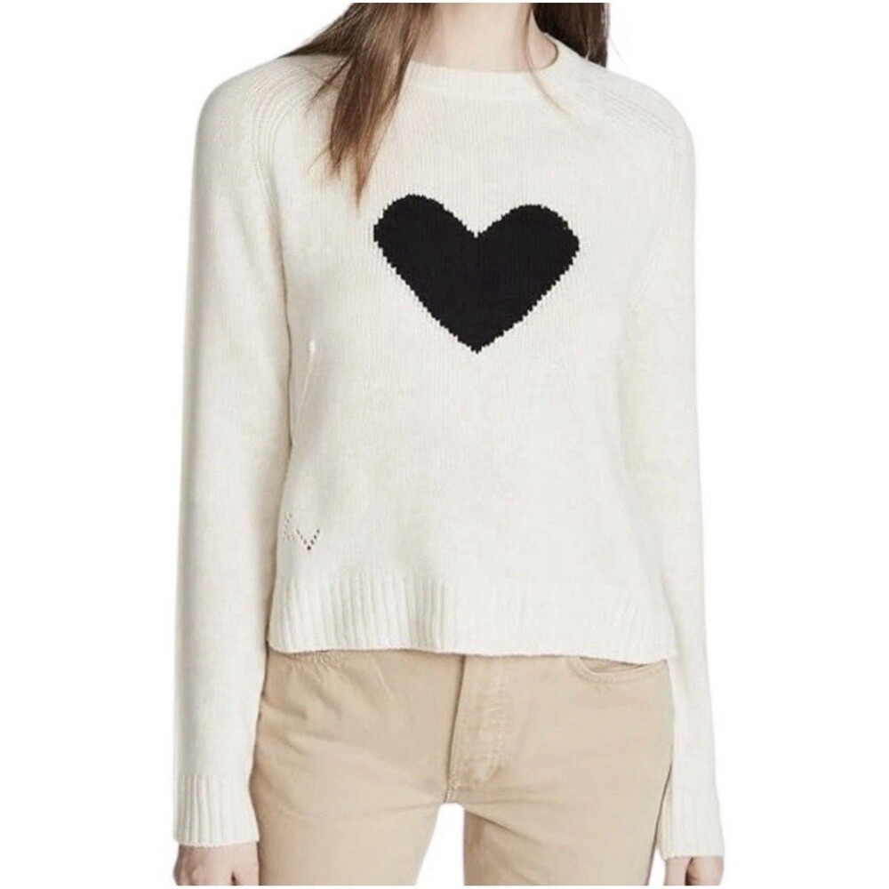 Zadig & Voltaire Lili Heart Intarsia Cashmere Cream Black Heart sweater size M